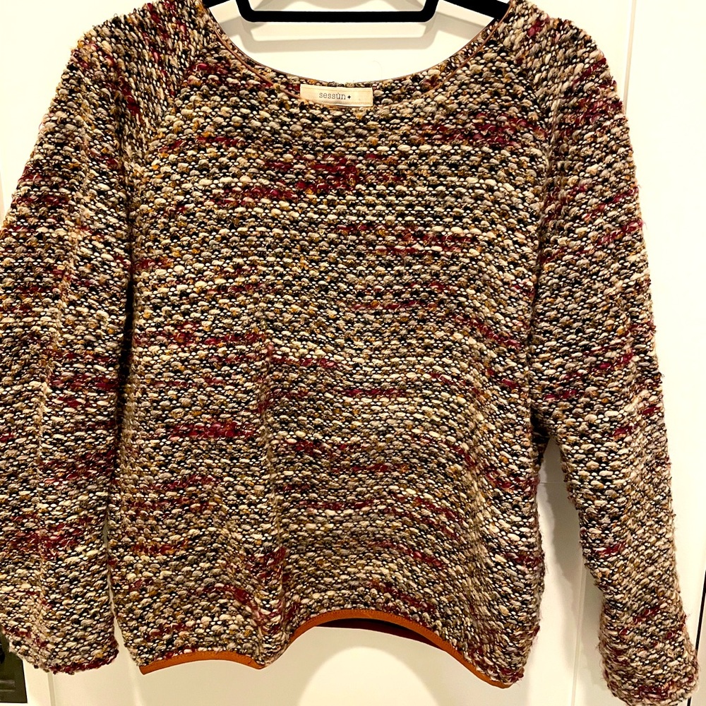 Madewell x sessun multicolor sweater with tan leather piping